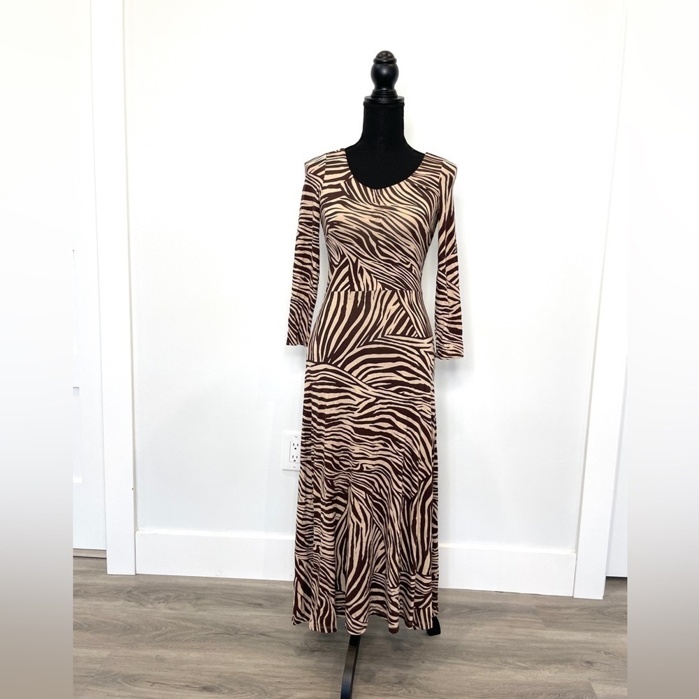 H&M Brown Zebra Print Ballerina Neck Line 3/4 Sleeve Midi Dress